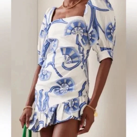 Alexis San Paolo Embroidered Blue and White Linen Toile Dress - Picture 5 of 10